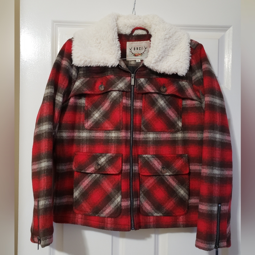 Sundance - BNCI Red Plaid Lined Jacket with Faux Fur Collar - Size: M